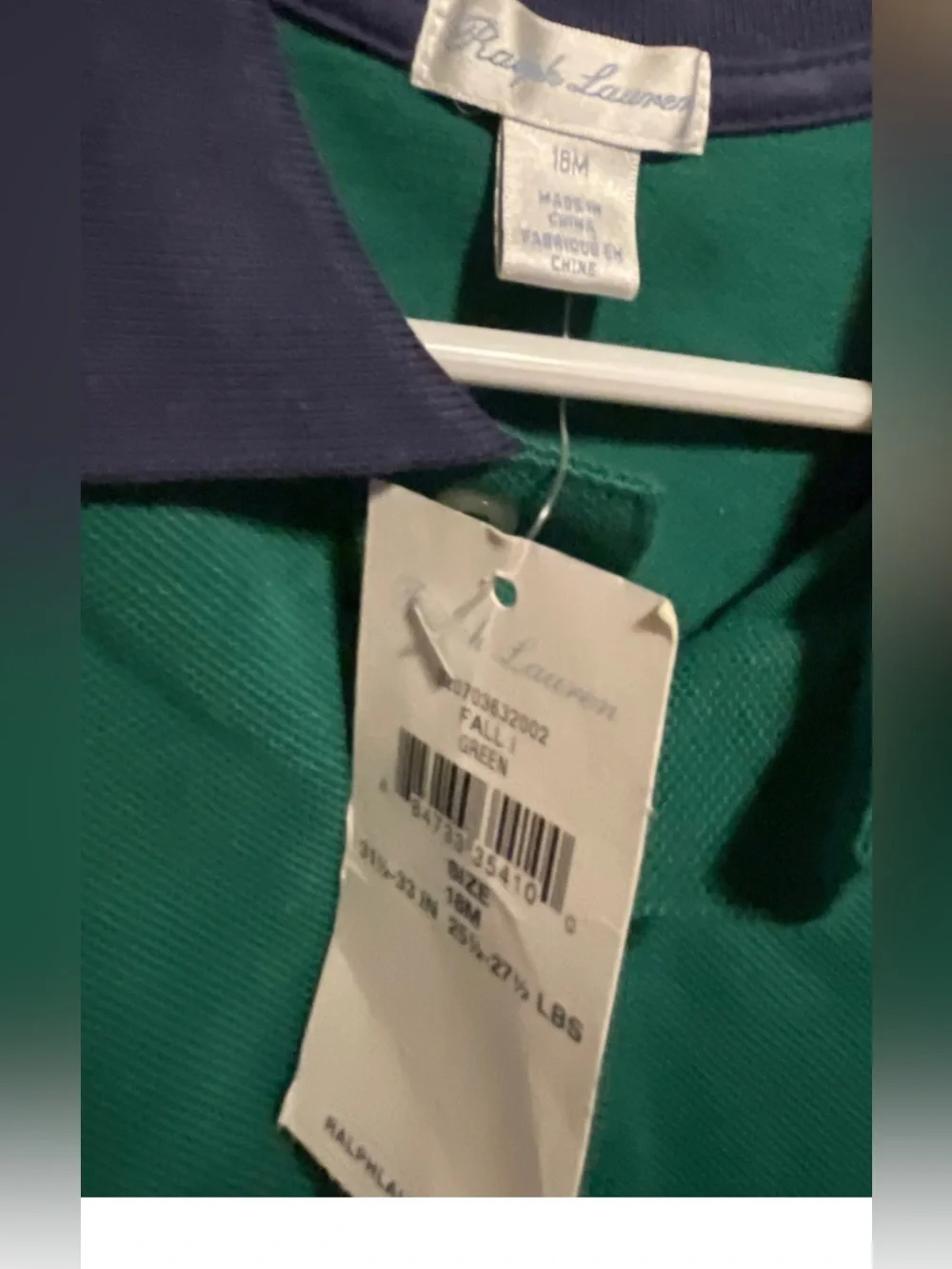 Ralph Lauren Kids Green Polo Shirt with Navy Collar 18 mo
